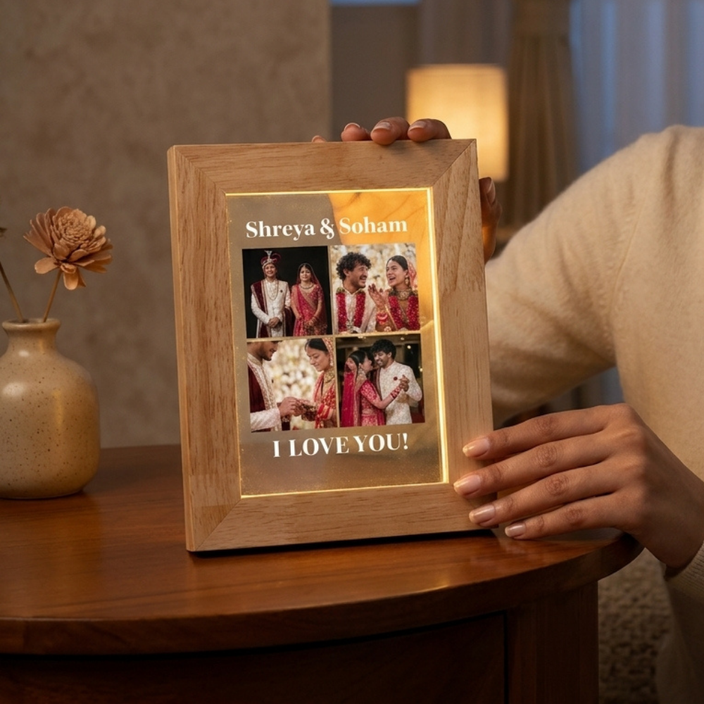 Bazinco Customized Couple Photo Frame with Warm LED Light | Personalized Wedding Memory Frame with Photos & Text | Romantic Gift for Husband, Wife & Newlyweds
