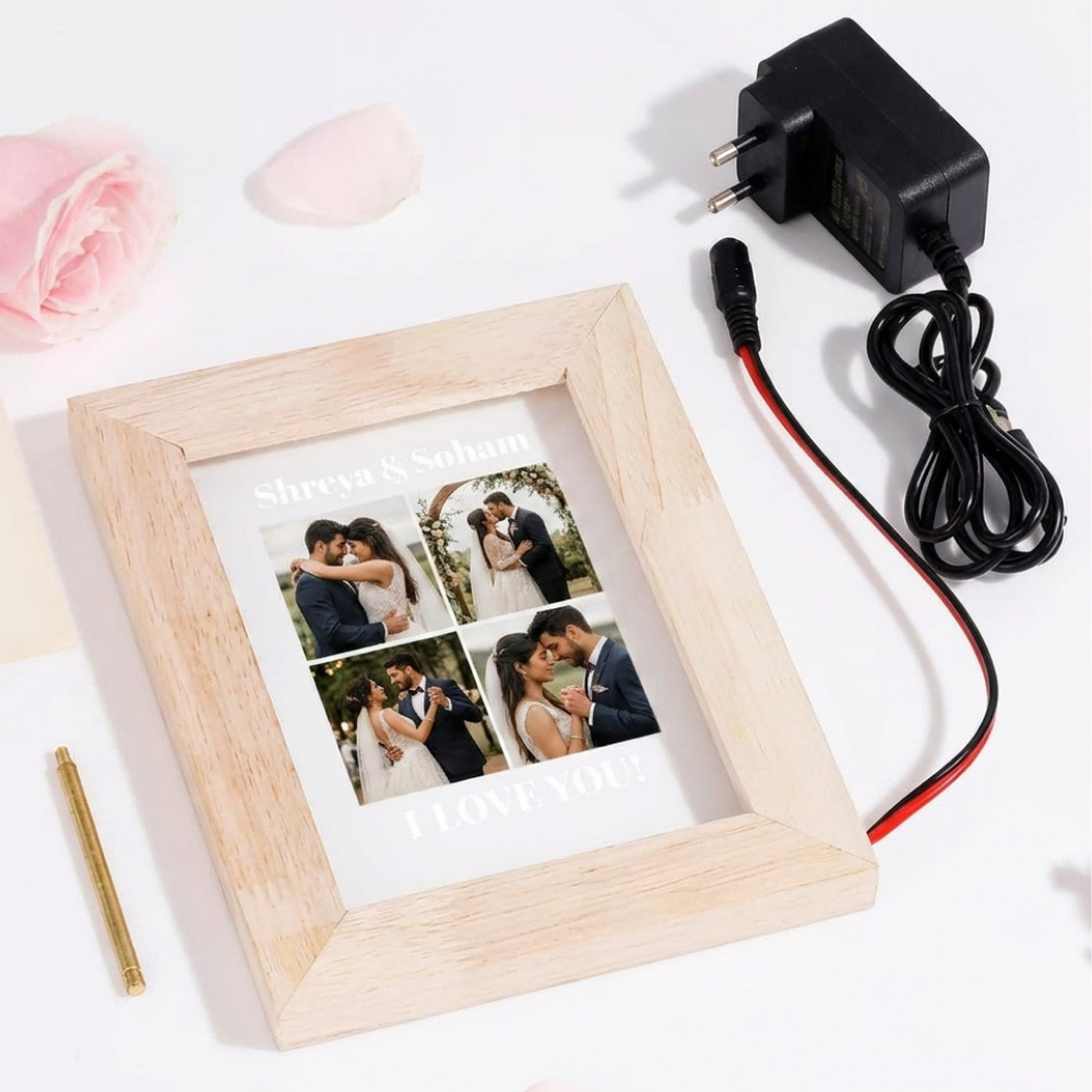Bazinco Customized Couple Photo Frame with Warm LED Light | Personalized Wedding Memory Frame with Photos & Text | Romantic Gift for Husband, Wife & Newlyweds