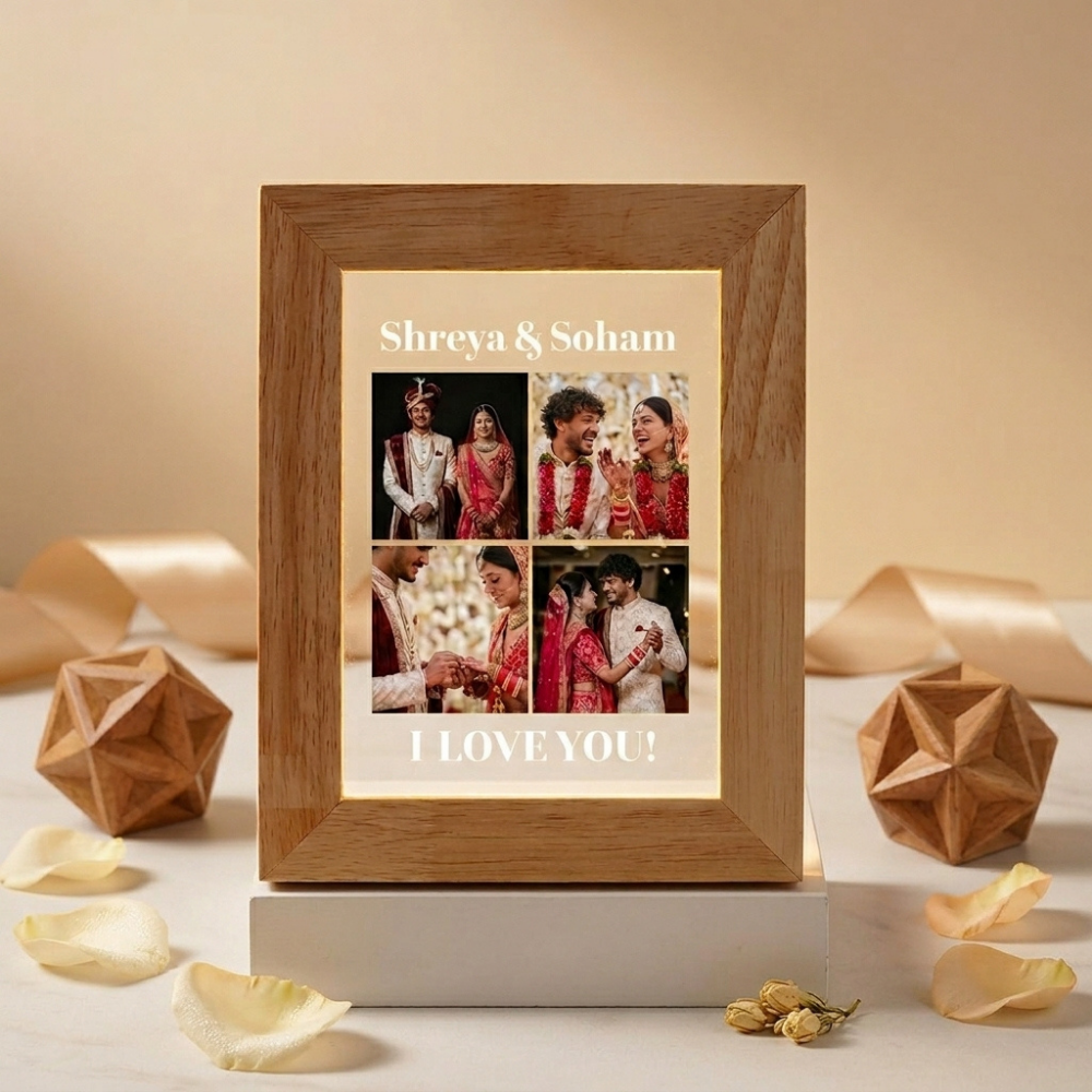Bazinco Customized Couple Photo Frame with Warm LED Light | Personalized Wedding Memory Frame with Photos & Text | Romantic Gift for Husband, Wife & Newlyweds