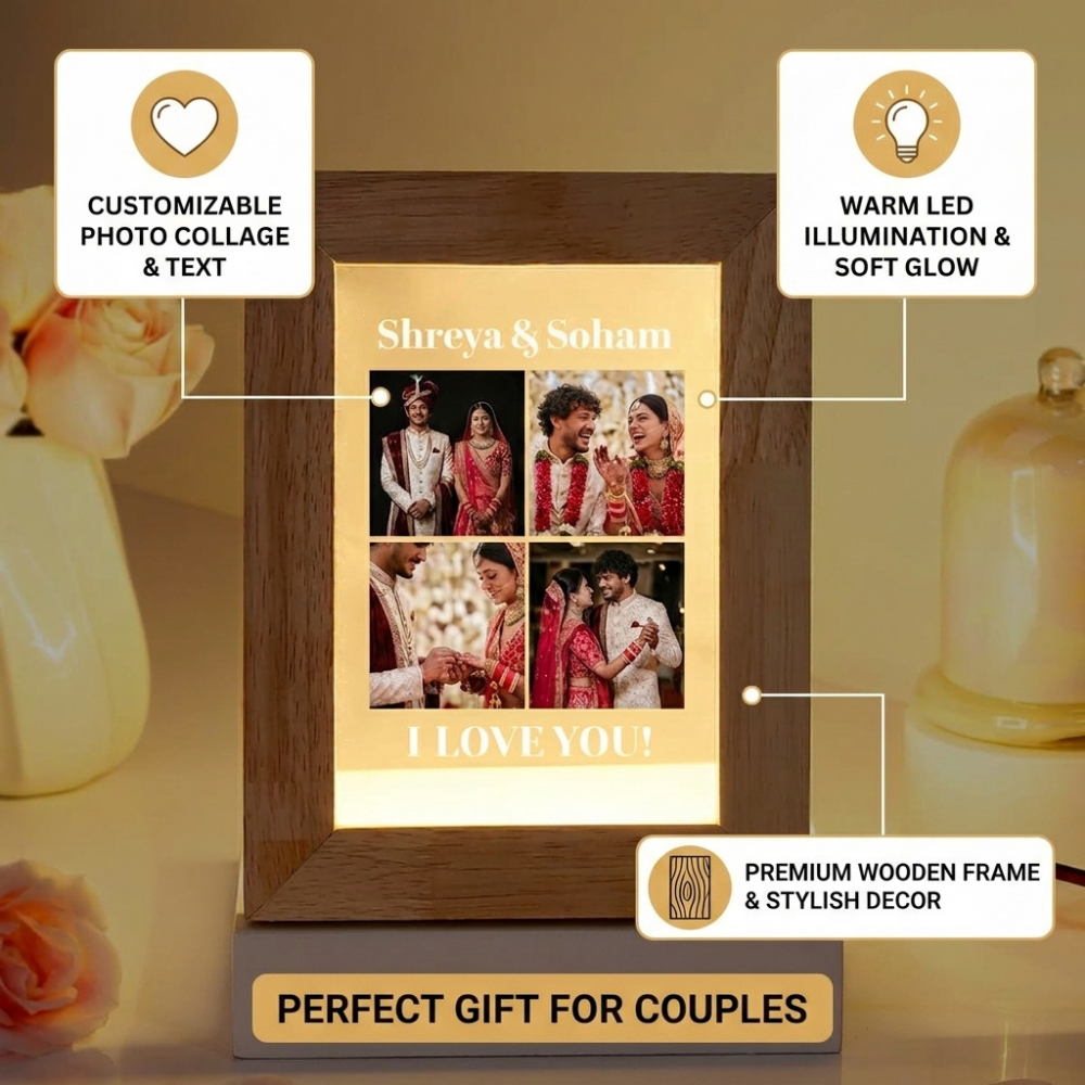 Bazinco Customized Couple Photo Frame with Warm LED Light | Personalized Wedding Memory Frame with Photos & Text | Romantic Gift for Husband, Wife & Newlyweds