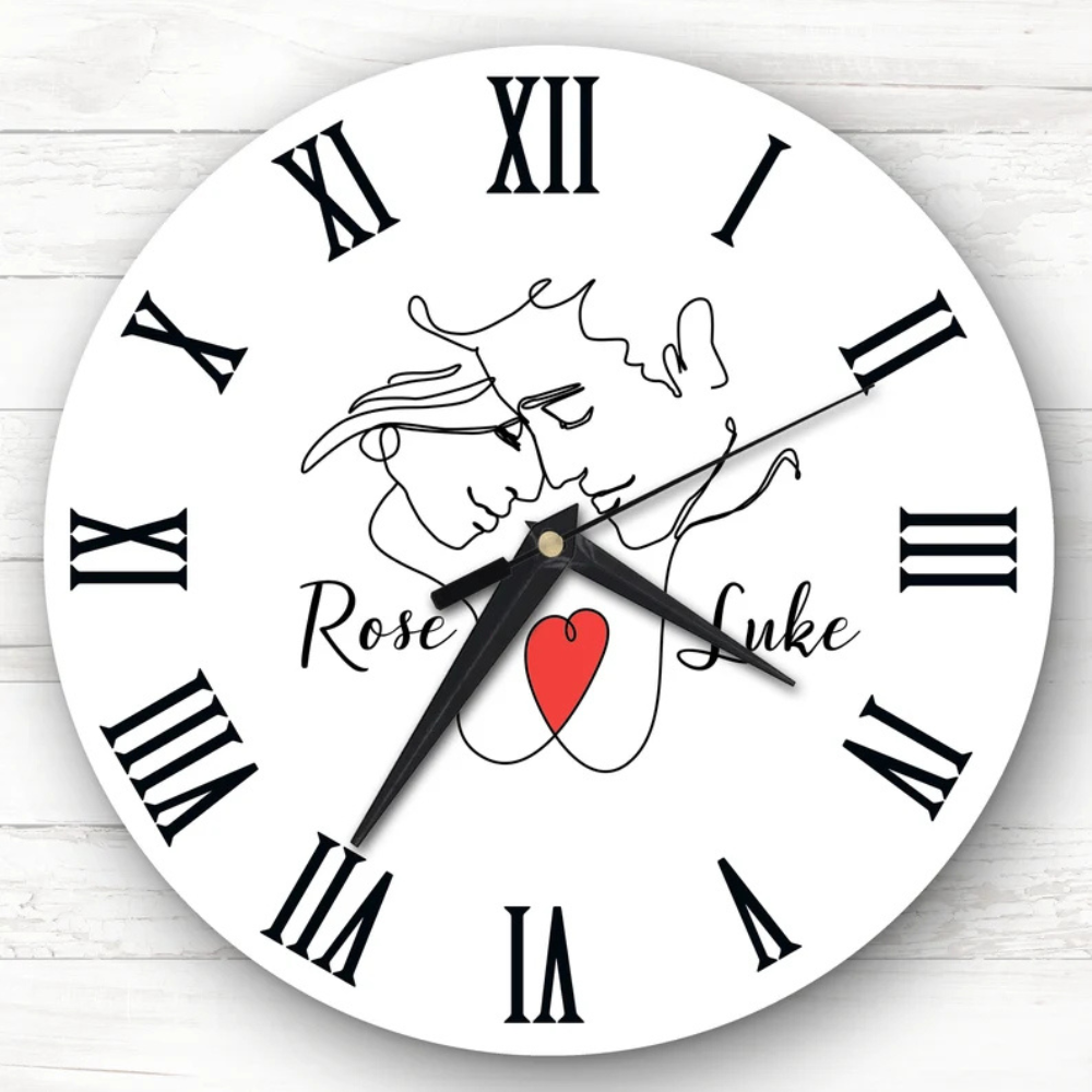 Bazinco Personalized Minimalist Couple Line Art Wall Clock with Custom Names | Romantic Photo-Free Couple Clock | Customized Anniversary Gift | Modern Home Decor | Silent Quartz Wall Clock