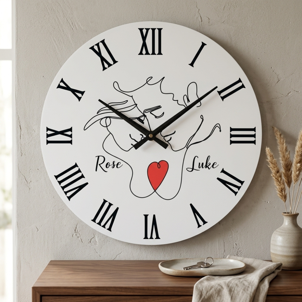 Bazinco Personalized Minimalist Couple Line Art Wall Clock with Custom Names | Romantic Photo-Free Couple Clock | Customized Anniversary Gift | Modern Home Decor | Silent Quartz Wall Clock
