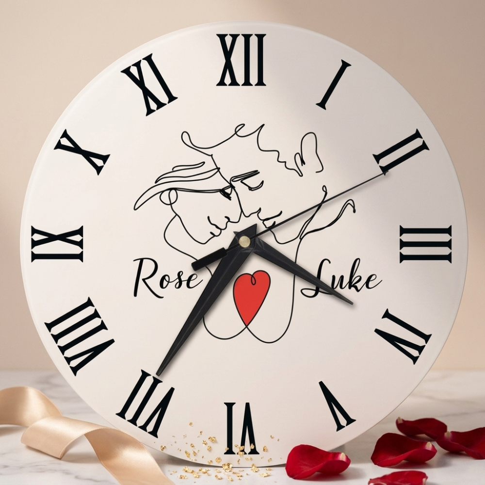 Bazinco Personalized Minimalist Couple Line Art Wall Clock with Custom Names | Romantic Photo-Free Couple Clock | Customized Anniversary Gift | Modern Home Decor | Silent Quartz Wall Clock