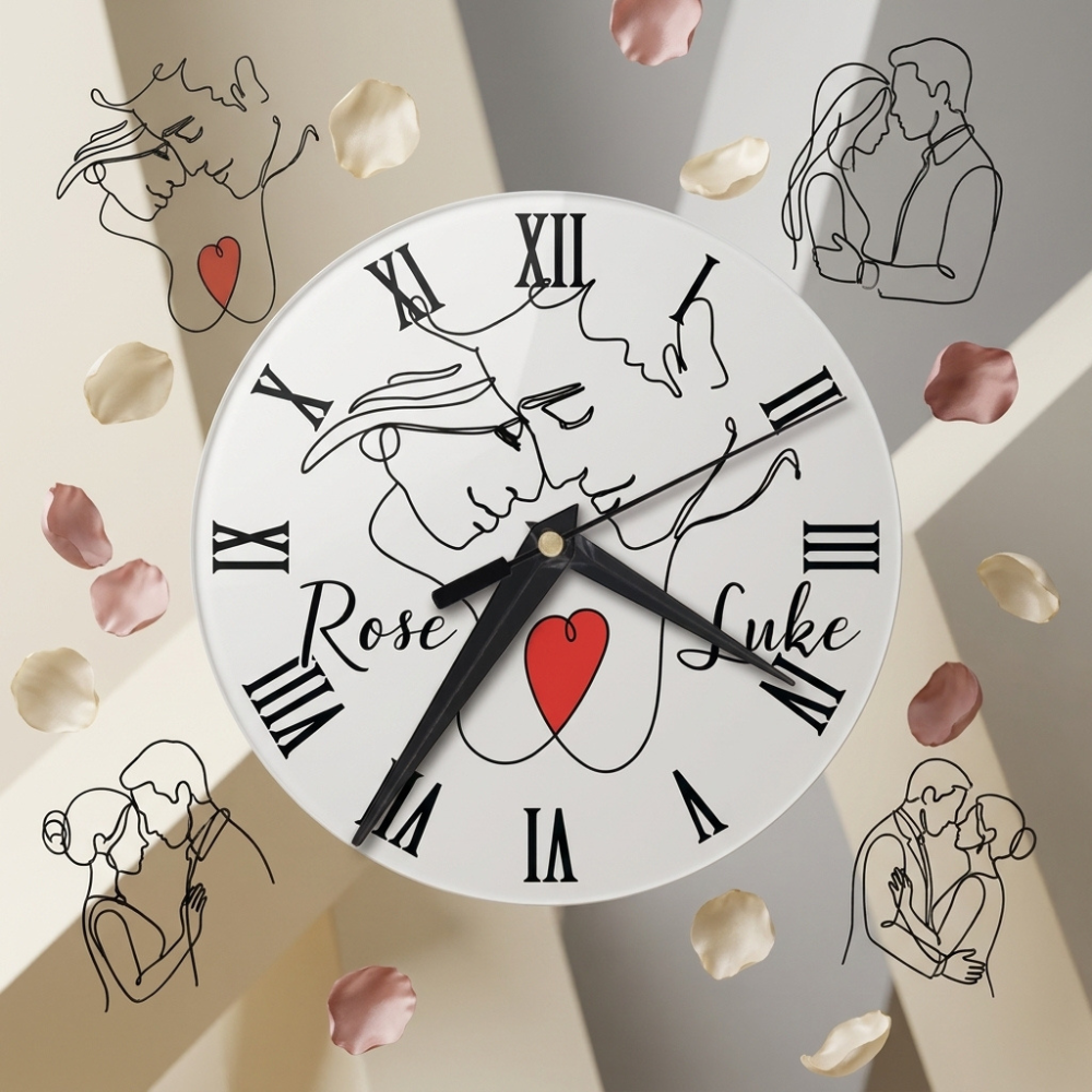 Bazinco Personalized Minimalist Couple Line Art Wall Clock with Custom Names | Romantic Photo-Free Couple Clock | Customized Anniversary Gift | Modern Home Decor | Silent Quartz Wall Clock