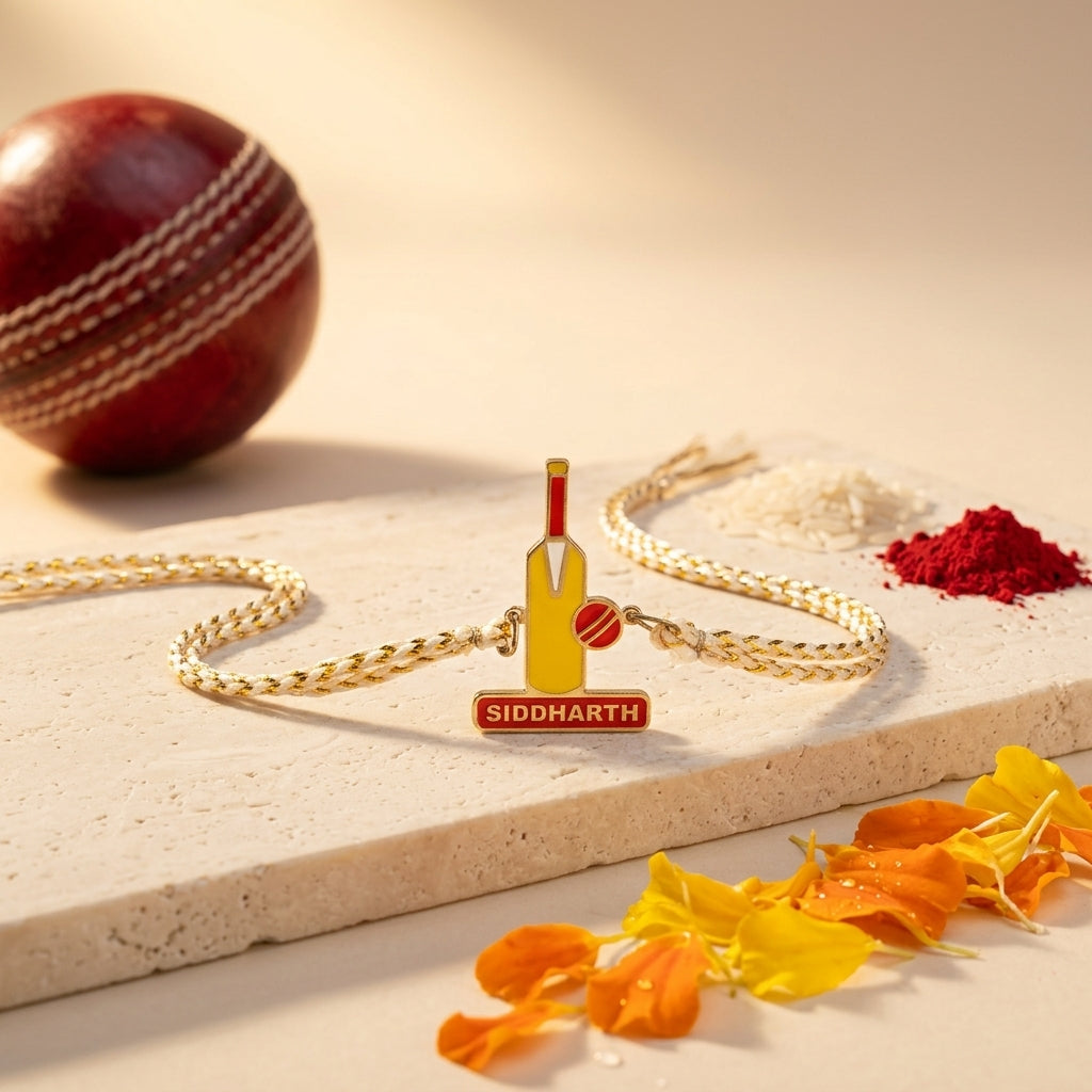 Bazinco Personalized Cricket Bat Rakhi with Name | Custom Cricket Lover Rakhi for Brother | Unique Raksha Bandhan Designer Rakhi