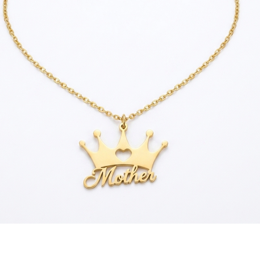 Bazinco Crown Mother Name Necklace – Elegant Gold Finish Personalized Mom Pendant