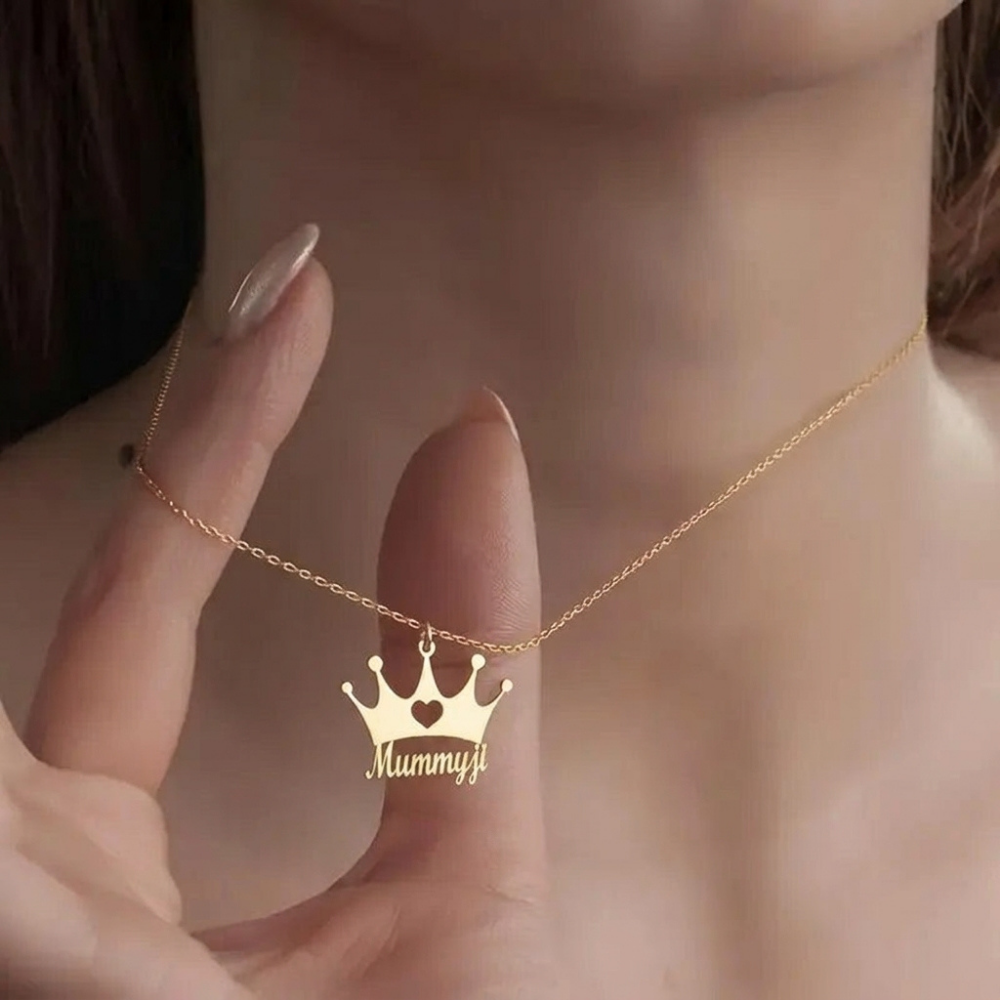 Bazinco Personalized Mummy Crown Name Necklace – Custom Gold Heart Crown Pendant for Mom