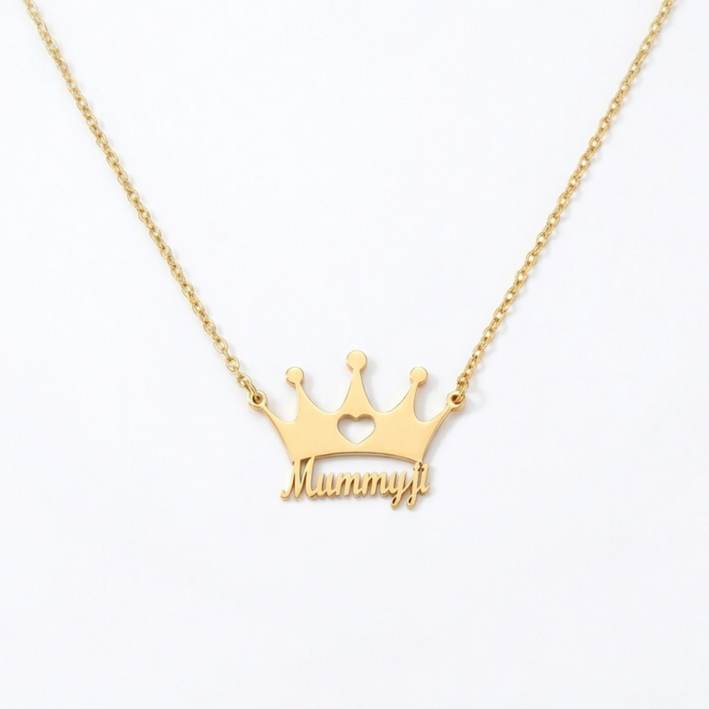 Bazinco Personalized Mummy Crown Name Necklace – Custom Gold Heart Crown Pendant for Mom