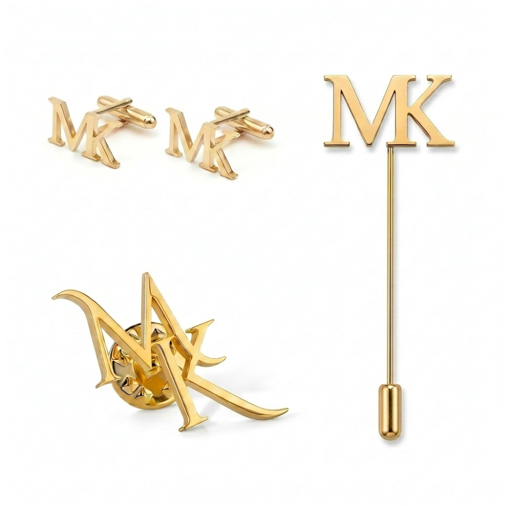 Bazinco Personalized Initial Cufflinks & Lapel Pin Set – Gold Monogram Letter Groom Accessories