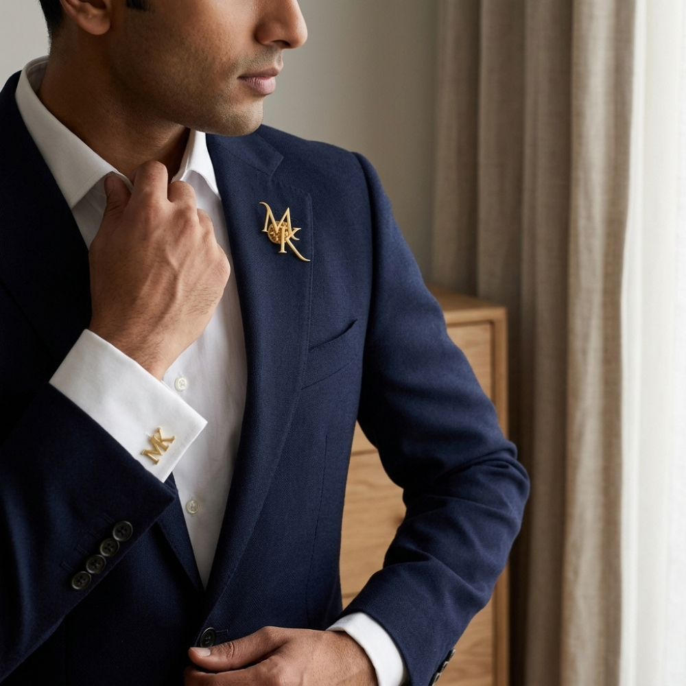 Bazinco Personalized Initial Cufflinks & Lapel Pin Set – Gold Monogram Letter Groom Accessories