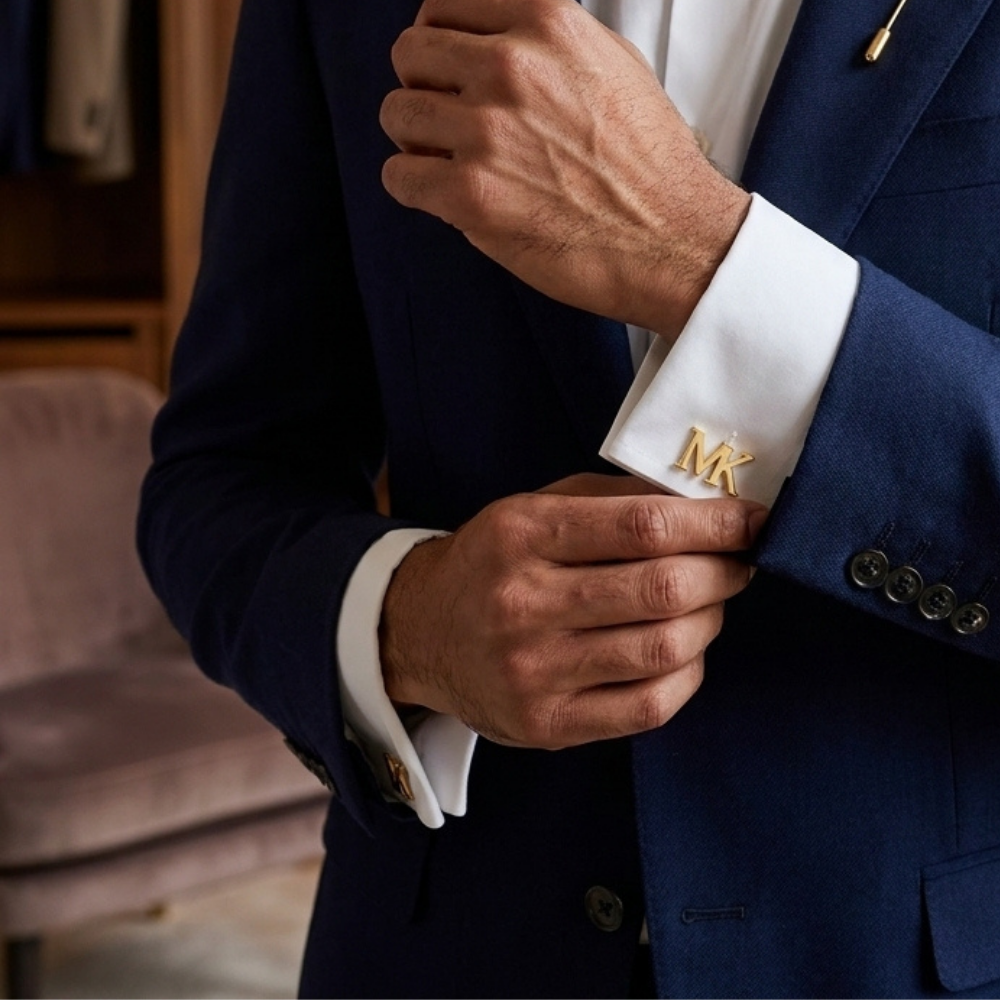 Bazinco Personalized Initial Cufflinks & Lapel Pin Set – Gold Monogram Letter Groom Accessories
