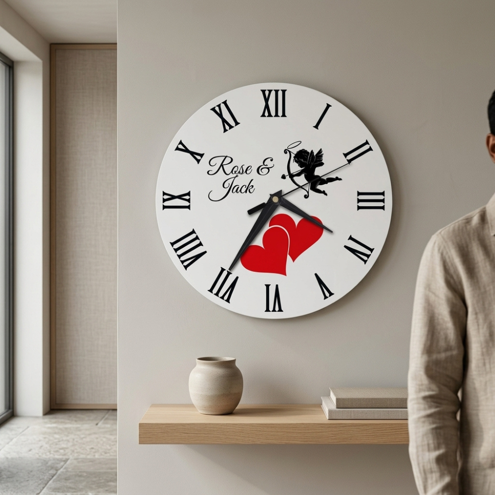 Bazinco Custom Couple Name Wall Clock | Cupid Love Personalized Wall Clock | Romantic Wedding, Anniversary & Engagement Gift | Modern Home Decor