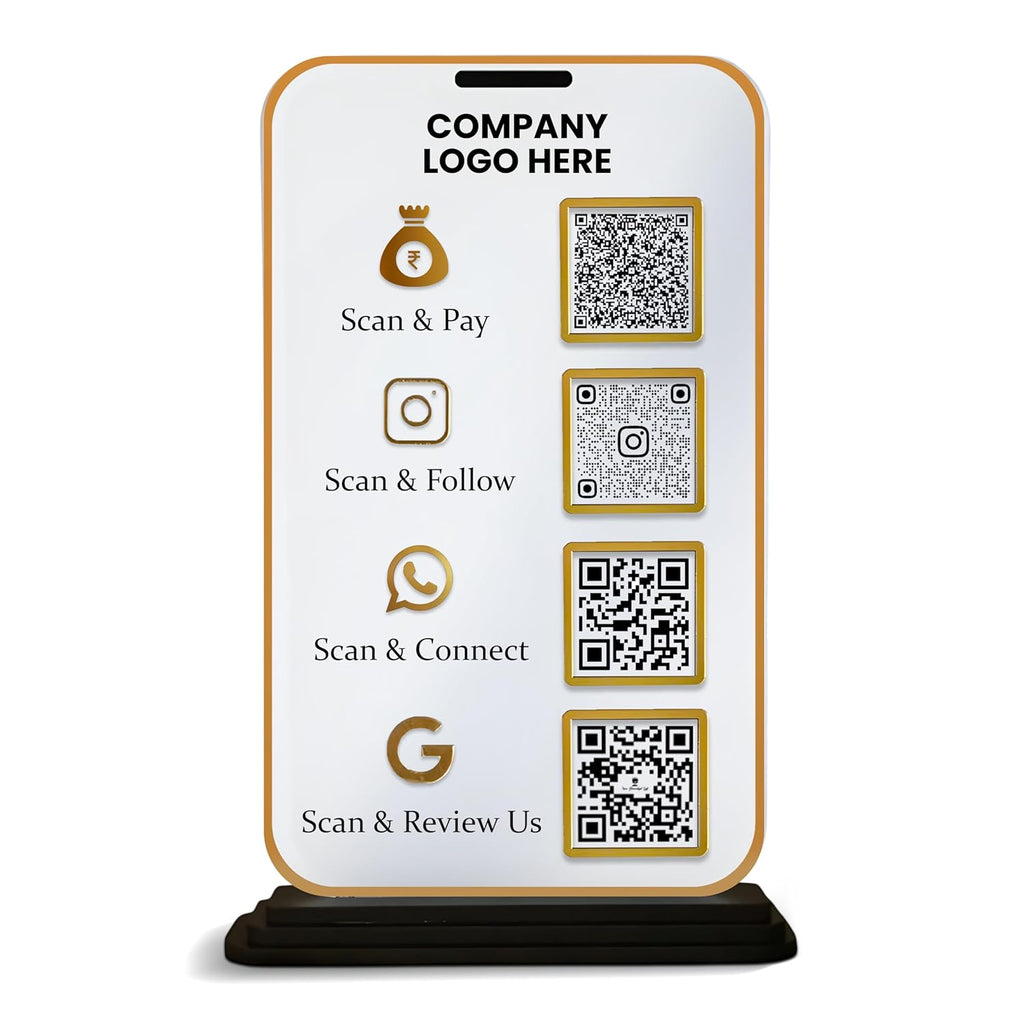 Bazinco Personalized Multi QR Code Display Stand | Custom Acrylic Business QR Stand with Payment, Instagram, WhatsApp & Google Review | Reception Counter Sign