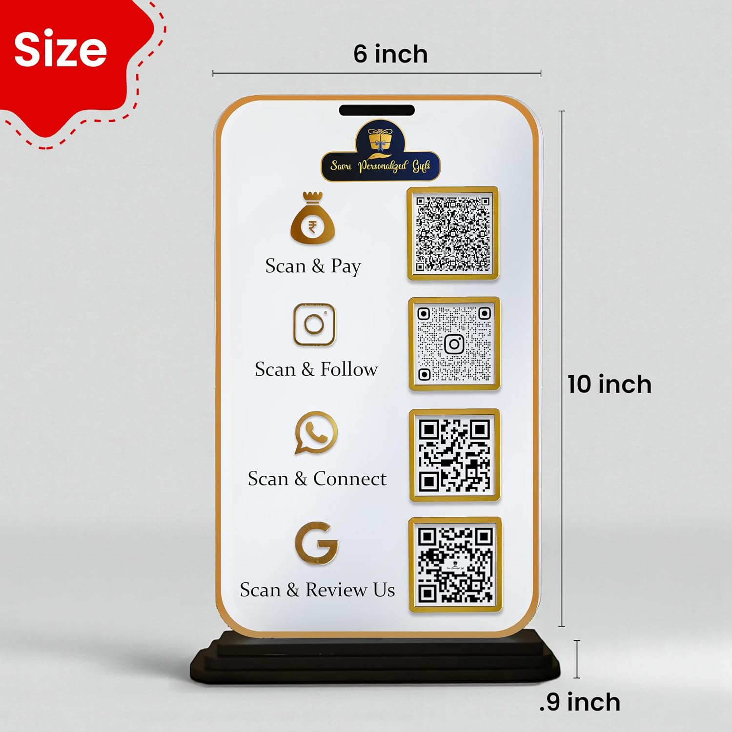 Bazinco Personalized Multi QR Code Display Stand | Custom Acrylic Business QR Stand with Payment, Instagram, WhatsApp & Google Review | Reception Counter Sign