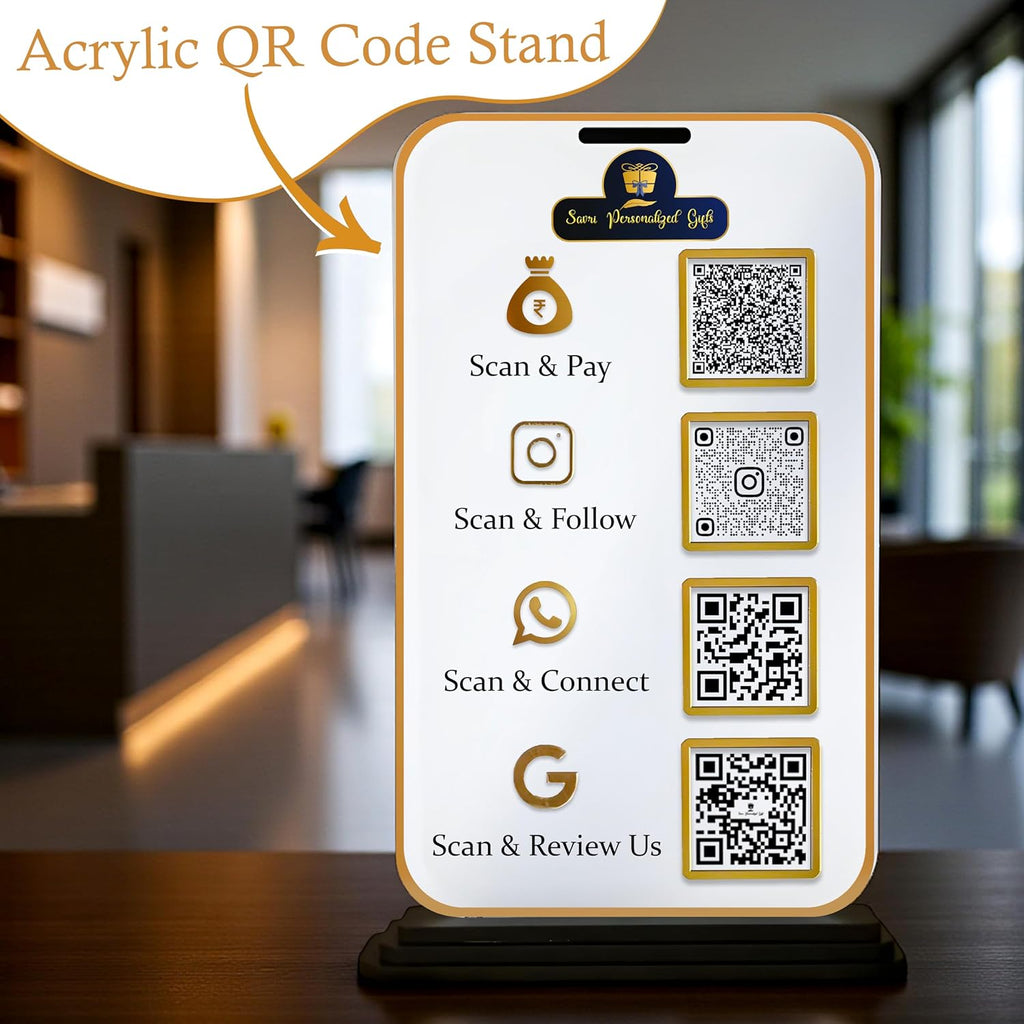 Bazinco Personalized Multi QR Code Display Stand | Custom Acrylic Business QR Stand with Payment, Instagram, WhatsApp & Google Review | Reception Counter Sign