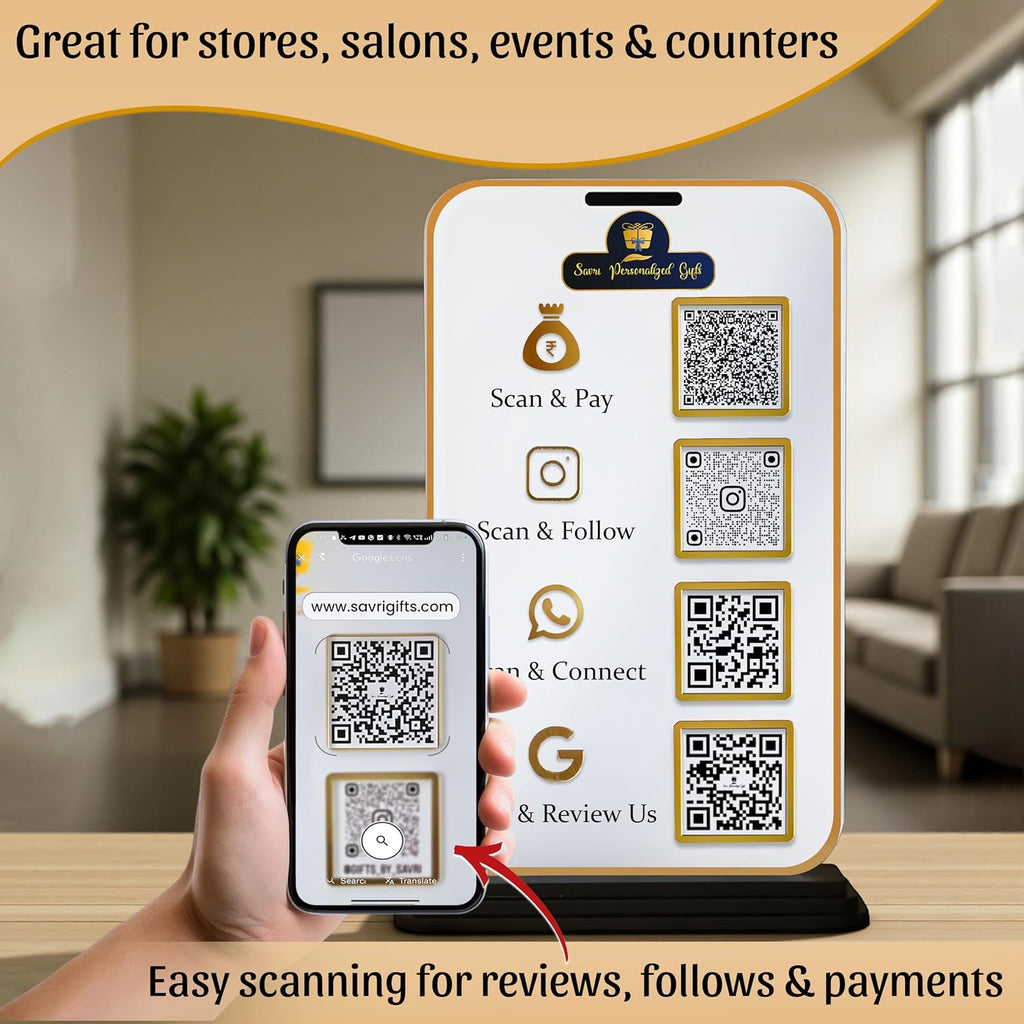Bazinco Personalized Multi QR Code Display Stand | Custom Acrylic Business QR Stand with Payment, Instagram, WhatsApp & Google Review | Reception Counter Sign
