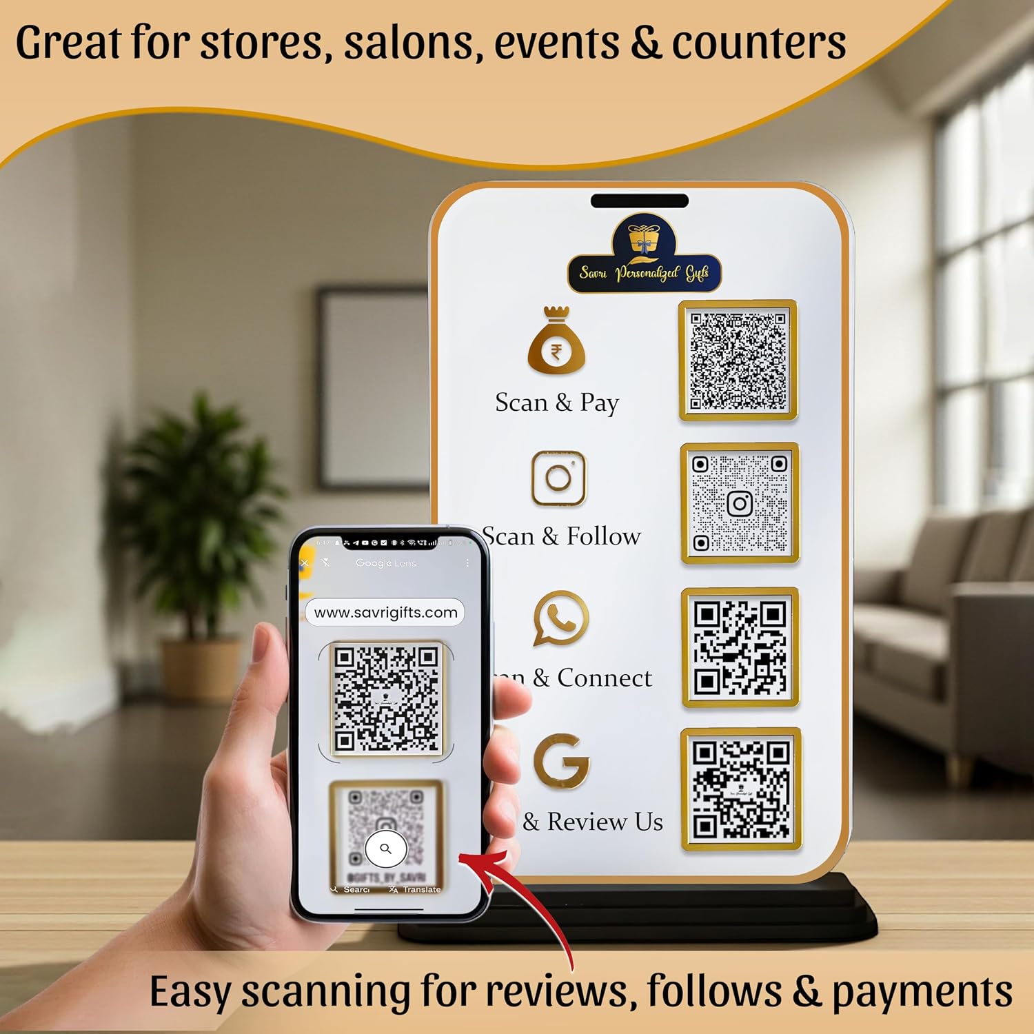 Bazinco Personalized Multi QR Code Display Stand | Custom Acrylic Business QR Stand with Payment, Instagram, WhatsApp & Google Review | Reception Counter Sign