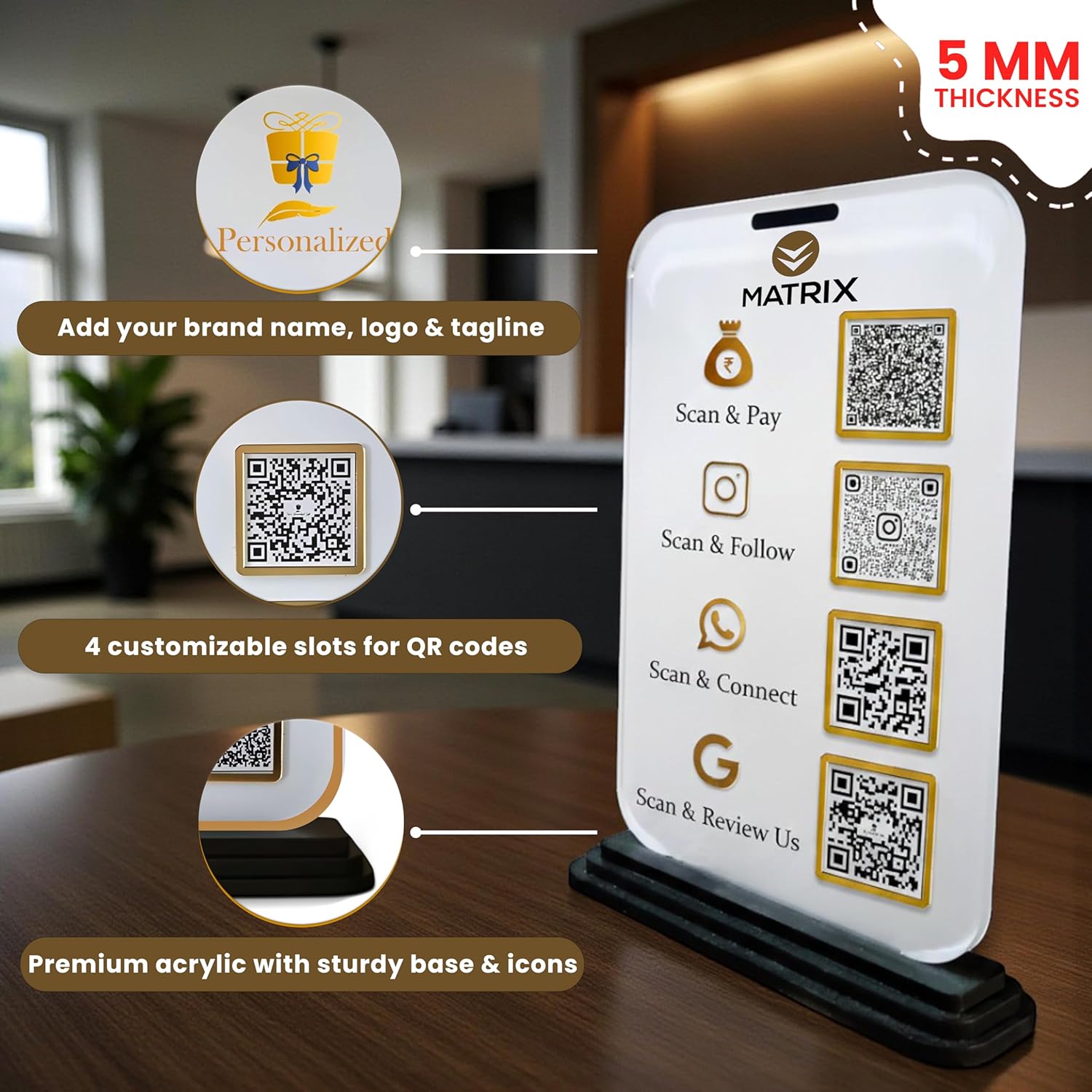 Bazinco Personalized Multi QR Code Display Stand | Custom Acrylic Business QR Stand with Payment, Instagram, WhatsApp & Google Review | Reception Counter Sign