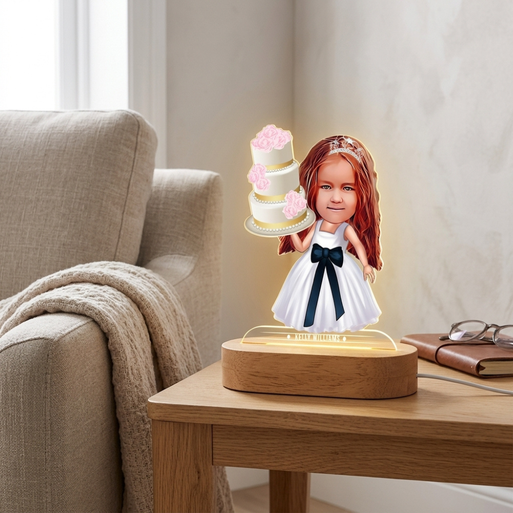 Bazinco Personalized Princess Birthday LED Photo Lamp | Custom Caricature Acrylic Night Lamp with Name | Birthday Gift for Girls | Wooden LED Base