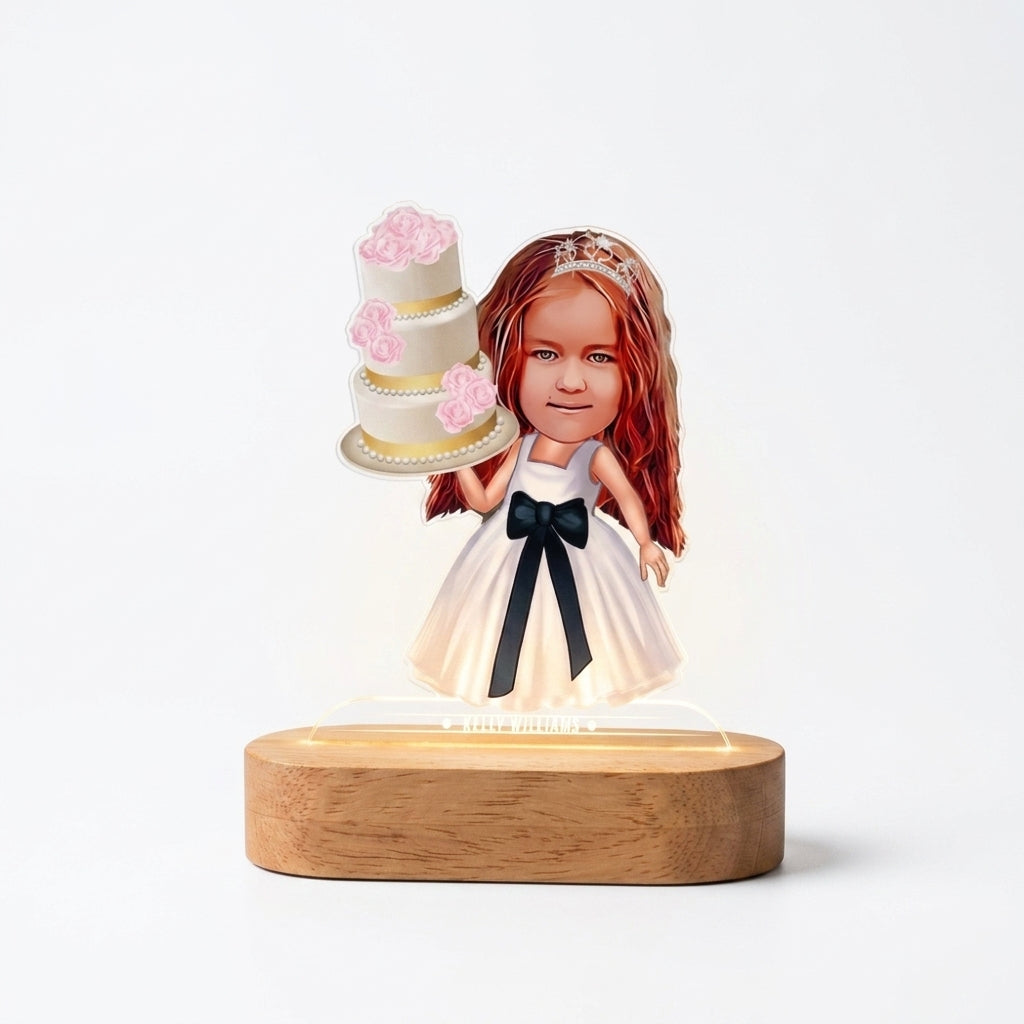 Bazinco Personalized Princess Birthday LED Photo Lamp | Custom Caricature Acrylic Night Lamp with Name | Birthday Gift for Girls | Wooden LED Base