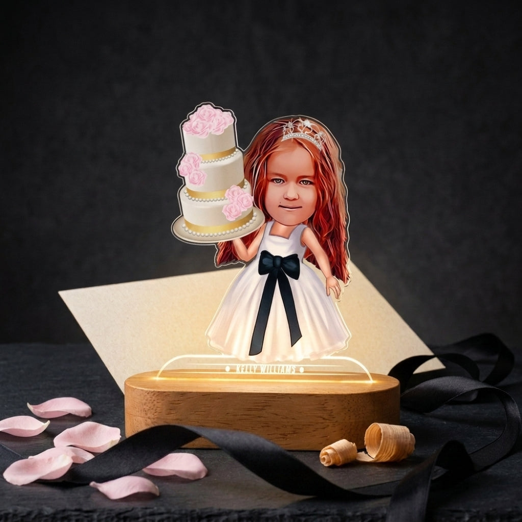 Bazinco Personalized Princess Birthday LED Photo Lamp | Custom Caricature Acrylic Night Lamp with Name | Birthday Gift for Girls | Wooden LED Base