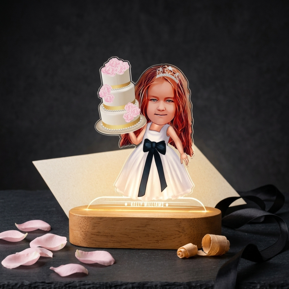 Bazinco Personalized Princess Birthday LED Photo Lamp | Custom Caricature Acrylic Night Lamp with Name | Birthday Gift for Girls | Wooden LED Base