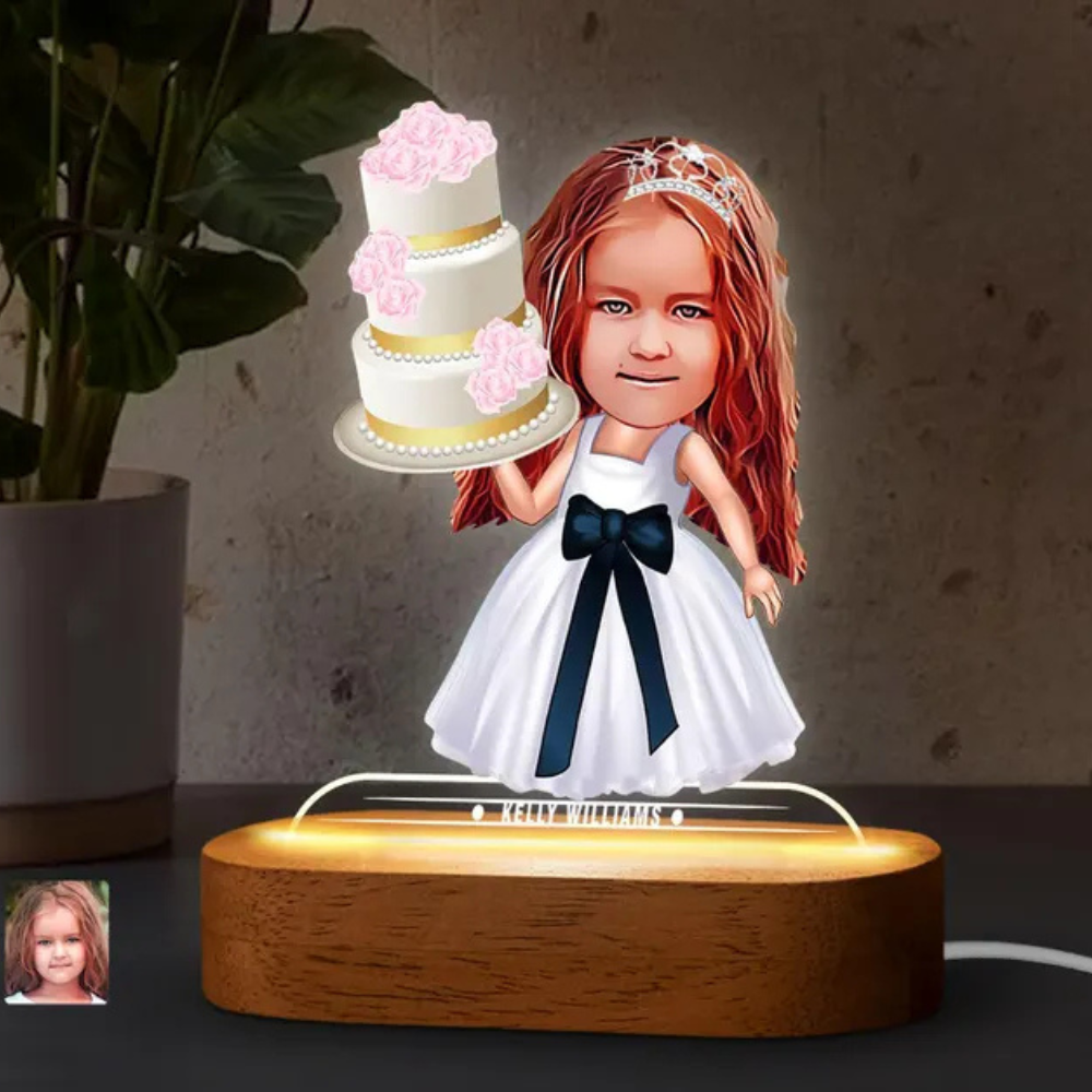 Bazinco Personalized Princess Birthday LED Photo Lamp | Custom Caricature Acrylic Night Lamp with Name | Birthday Gift for Girls | Wooden LED Base