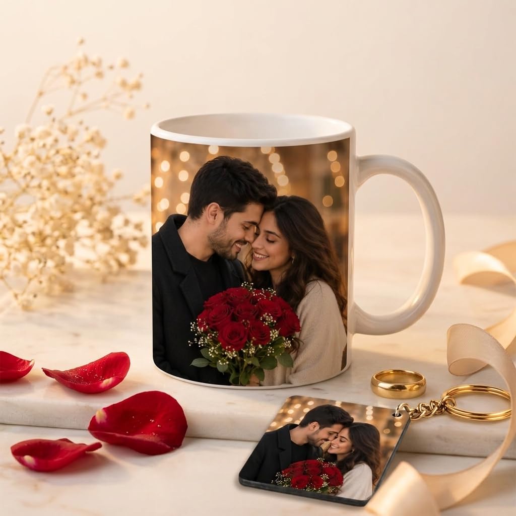 Personalized Couple Photo Ceramic Coffee Mug with Photo Keychain | Custom Picture Gift Set for Couples, Anniversary, Birthday & Valentine's Day
