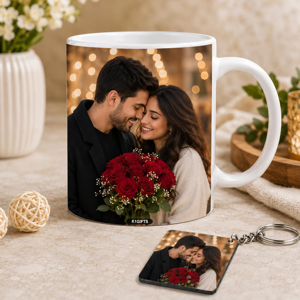 Personalized Couple Photo Ceramic Coffee Mug with Photo Keychain | Custom Picture Gift Set for Couples, Anniversary, Birthday & Valentine's Day