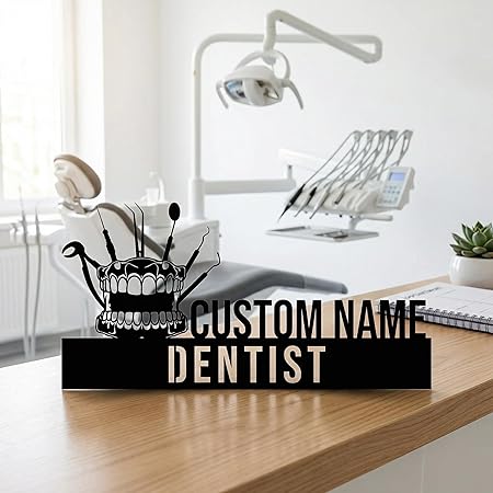 Custom Dentist Name Plate for Clinic Desk – Dental Tools Design Personalized Name Sign by Bazinco