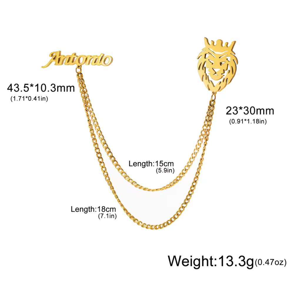 Bazinco brooch 

custom pin name design

stylish lion emblem brooch

premium brooch for outfit

custom fashion accessory

engraved name pin brooch