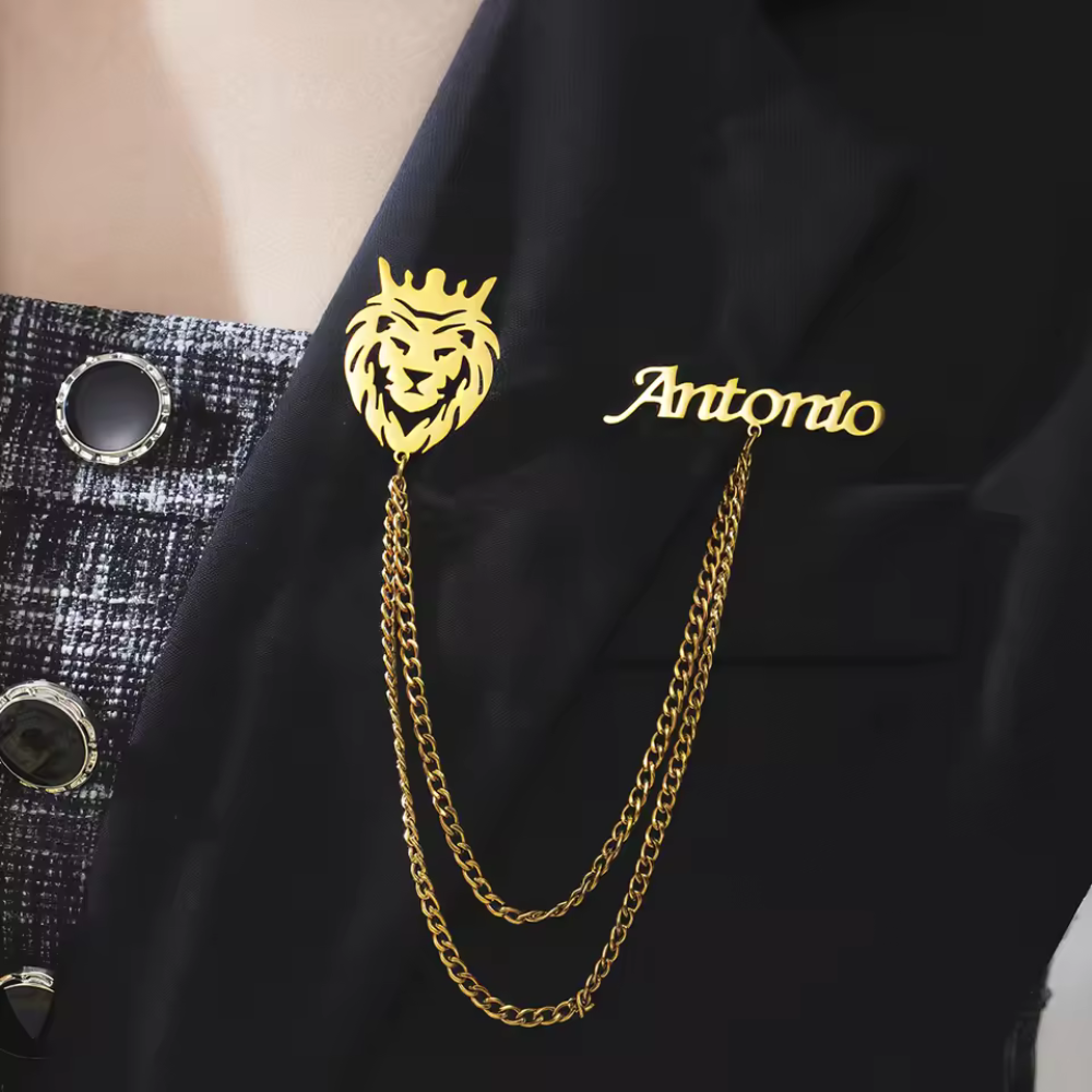 Bazinco brooch 

custom name brooch

personalized name pin

lion theme brooch

lion name badge pin