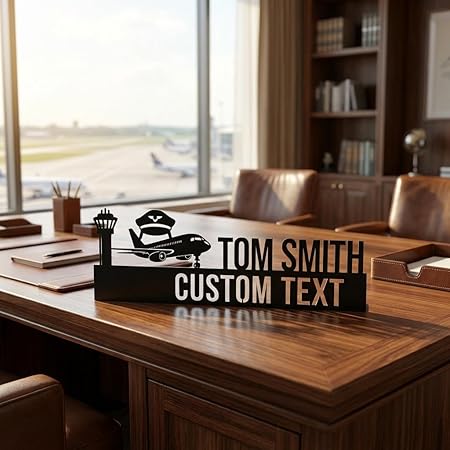 Bazinco Personalized Pilot Desk Sign – Custom Aviator Name Plate with Aircraft Silhouette