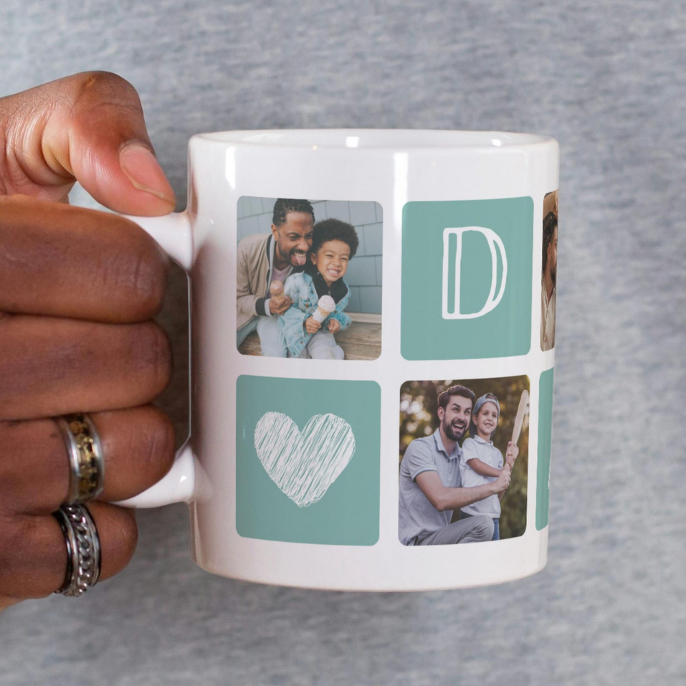 Bazinco Custom Photo Grid Ceramic Coffee Mug – Personalized Dad Gift with Heart Design