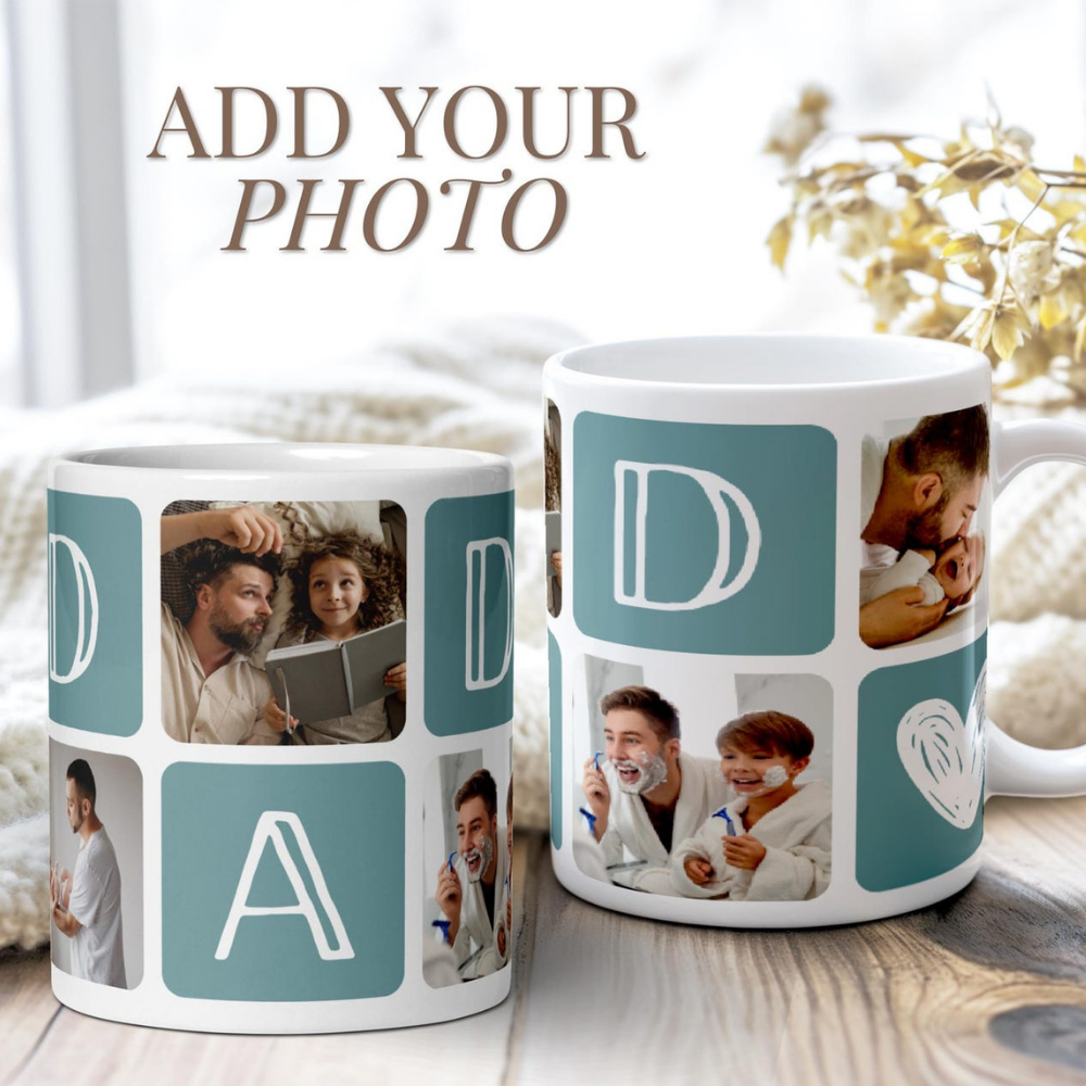 Bazinco Custom Photo Grid Ceramic Coffee Mug – Personalized Dad Gift with Heart Design