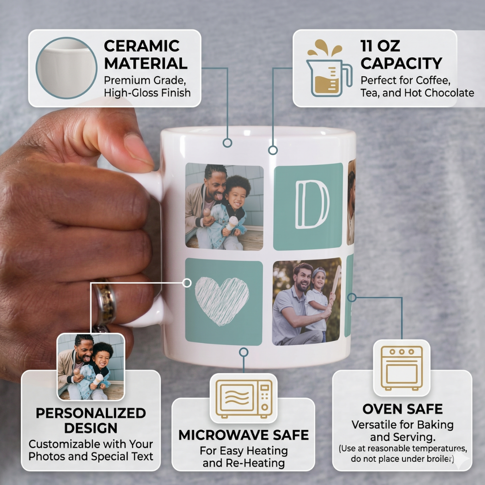 Bazinco Custom Photo Grid Ceramic Coffee Mug – Personalized Dad Gift with Heart Design