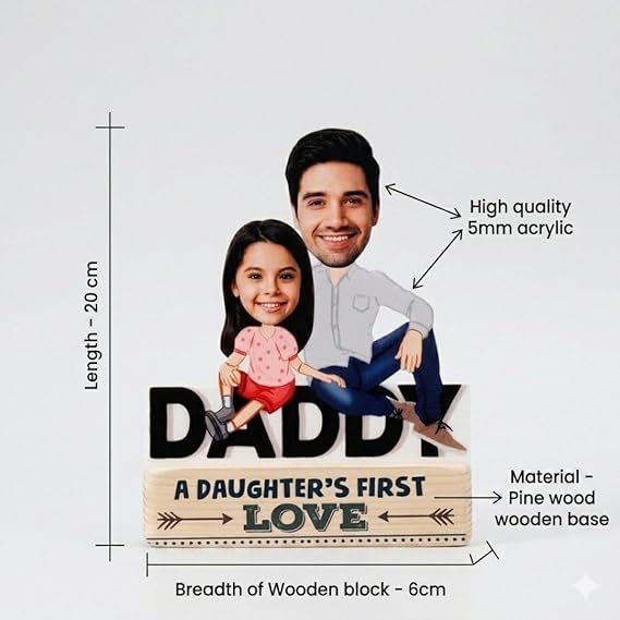 Bazinco Personalized Daddy Acrylic Caricature Standee | Custom Father Daughter Desk Décor Gift with Wooden Base for Dad