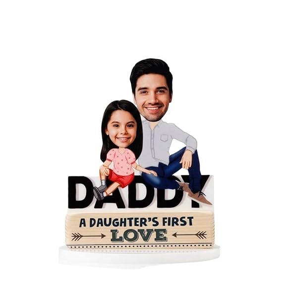 Bazinco Personalized Daddy Acrylic Caricature Standee | Custom Father Daughter Desk Décor Gift with Wooden Base for Dad