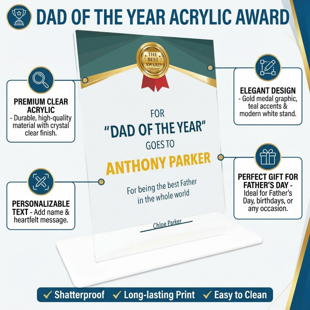 Bazinco Personalized Dad of The Year Acrylic Award Plaque | Custom Father Appreciation Trophy Gift for Dad