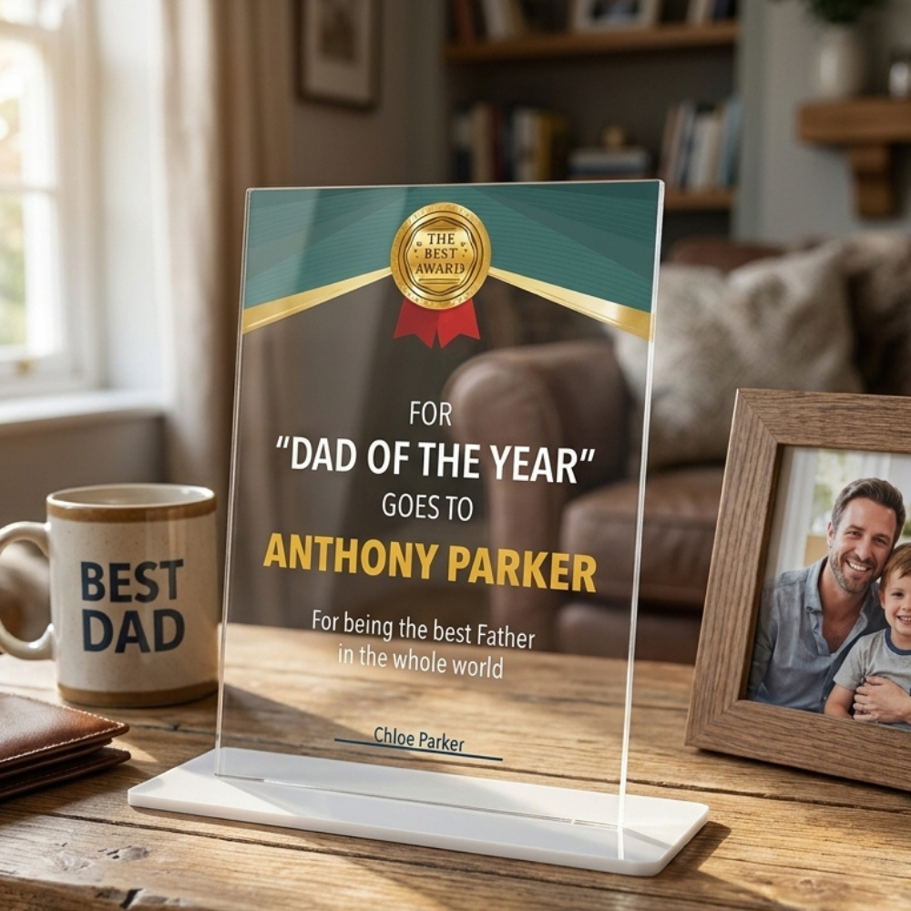 Bazinco Personalized Dad of The Year Acrylic Award Plaque | Custom Father Appreciation Trophy Gift for Dad