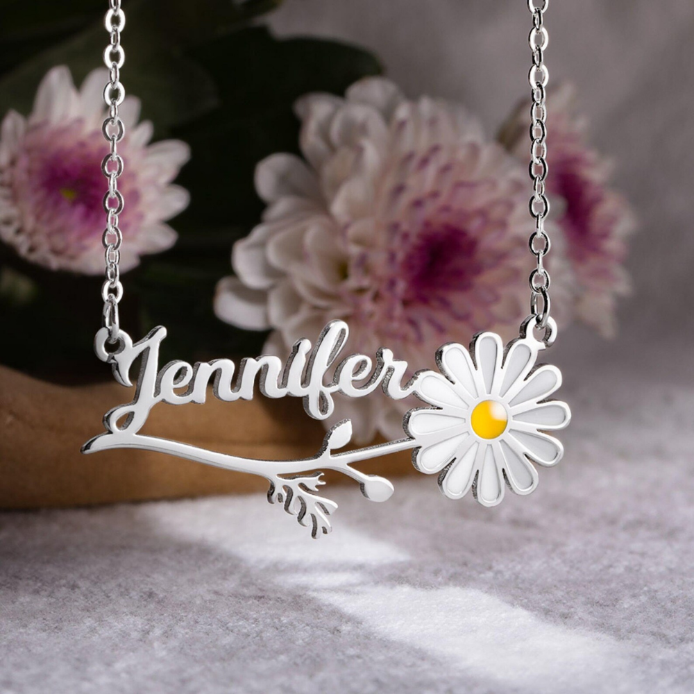 Custom Daisy Flower Name Necklace by Bazinco – Personalized Name Jewelry Gift