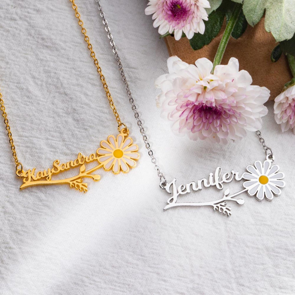 Custom Daisy Flower Name Necklace by Bazinco – Personalized Name Jewelry Gift