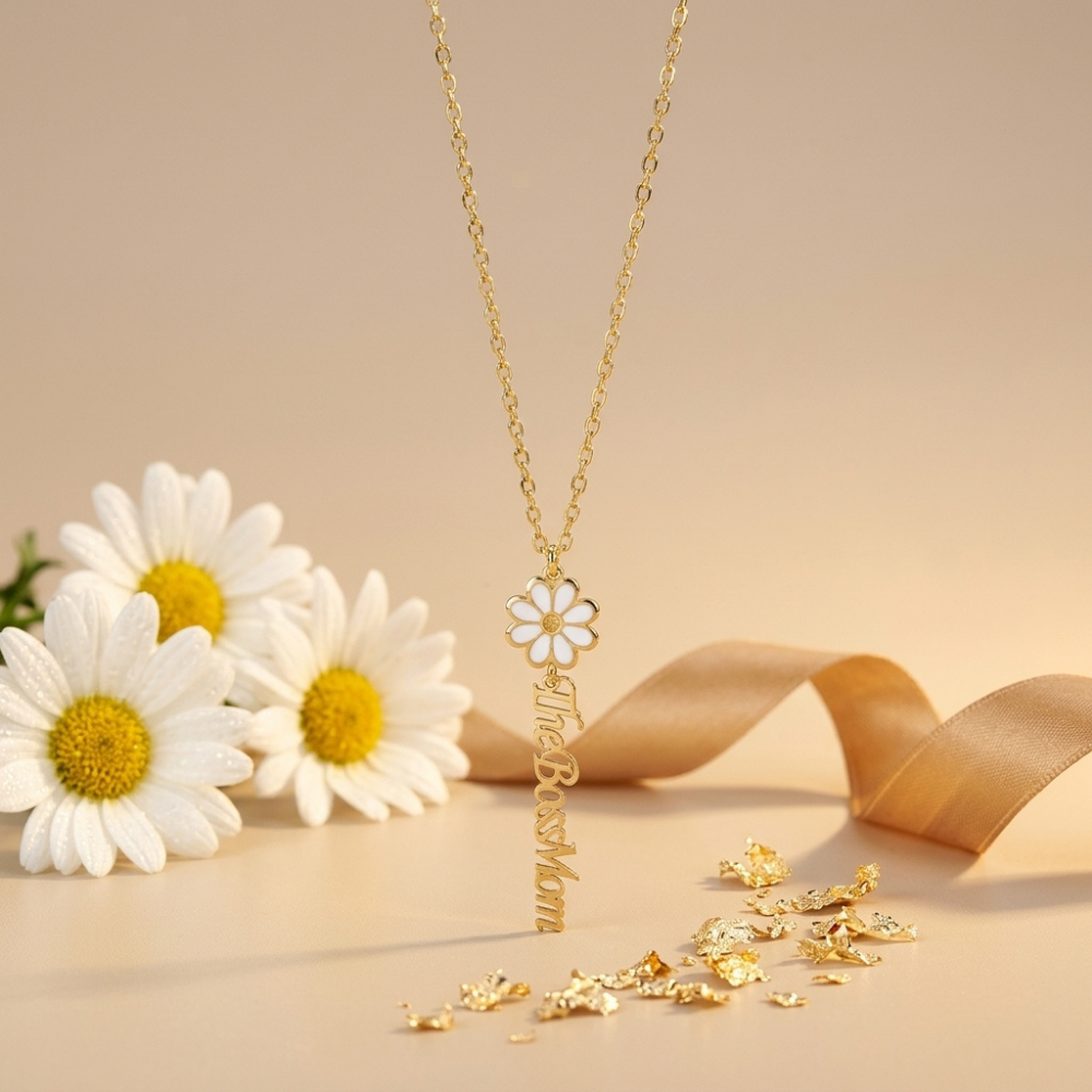 Custom Daisy Drop Name Necklace by Bazinco – Personalized Flower Name Necklace for Women