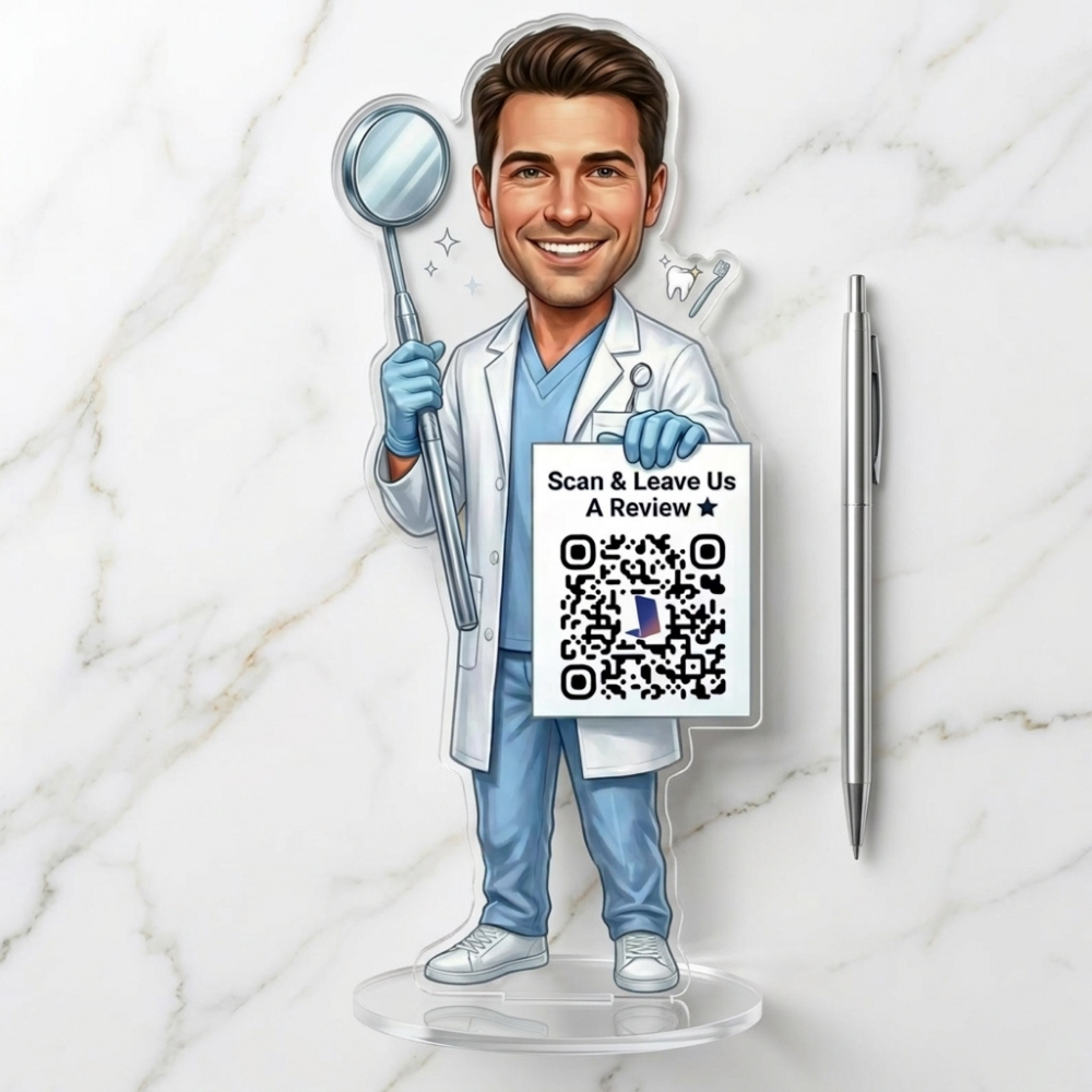 Bazinco Custom Dentist Caricature QR Review Stand – Personalized Acrylic Dental Clinic Review Display with QR Code | Dentist Desk Decor & Professional Gift