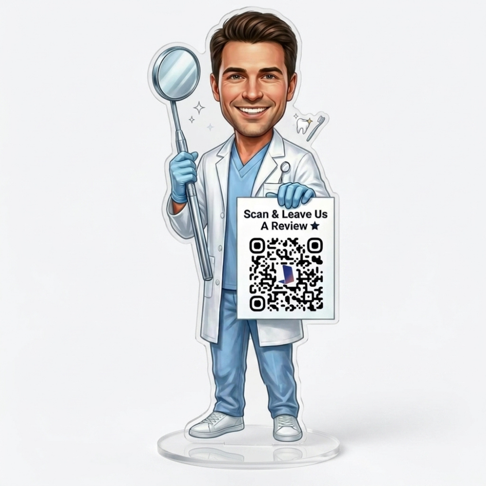 Bazinco Custom Dentist Caricature QR Review Stand – Personalized Acrylic Dental Clinic Review Display with QR Code | Dentist Desk Decor & Professional Gift