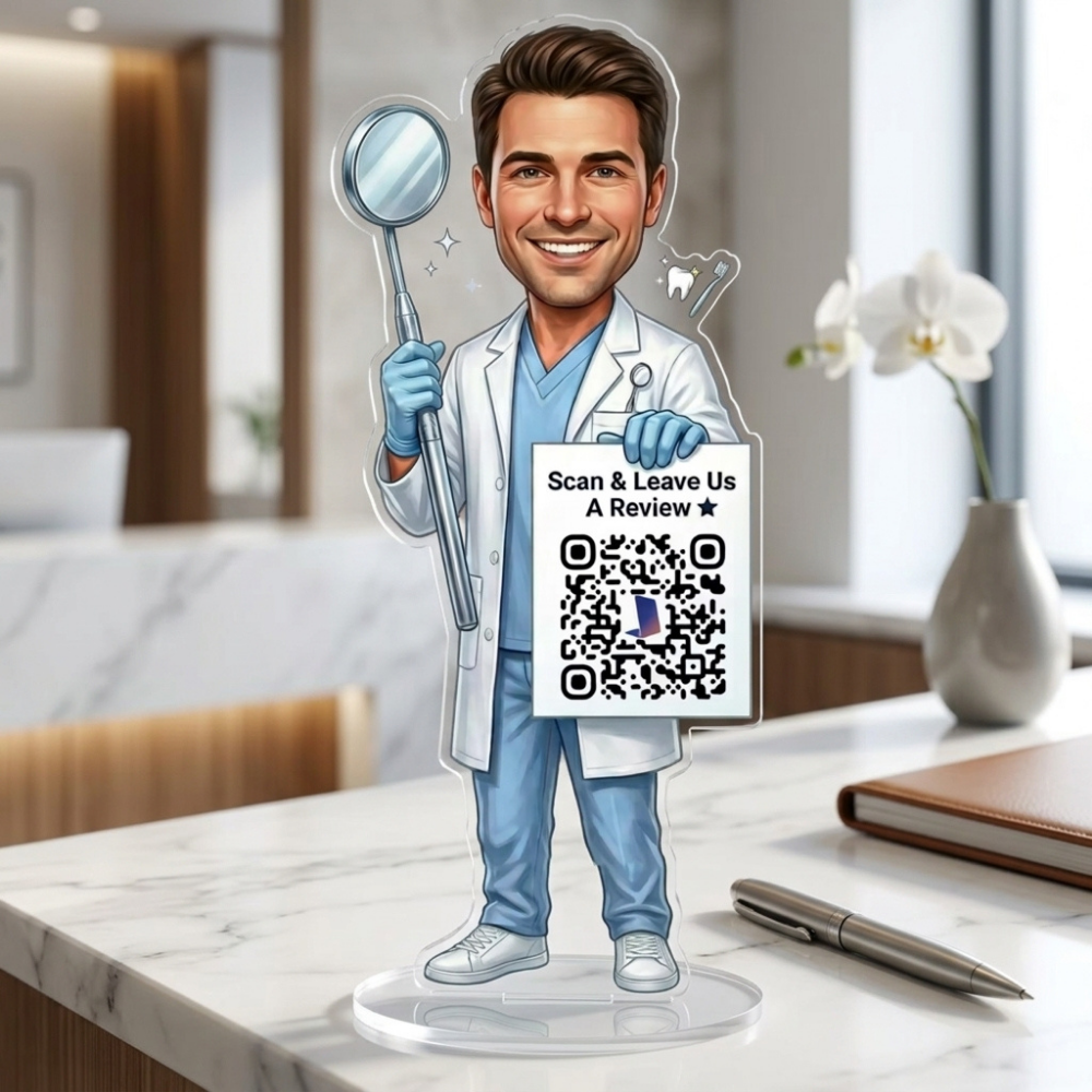 Bazinco Custom Dentist Caricature QR Review Stand – Personalized Acrylic Dental Clinic Review Display with QR Code | Dentist Desk Decor & Professional Gift