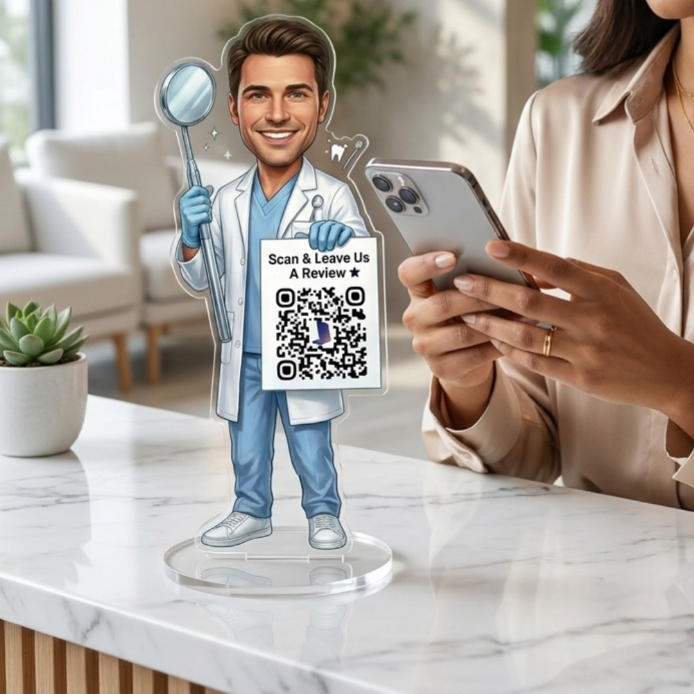 Bazinco Custom Dentist Caricature QR Review Stand – Personalized Acrylic Dental Clinic Review Display with QR Code | Dentist Desk Decor & Professional Gift