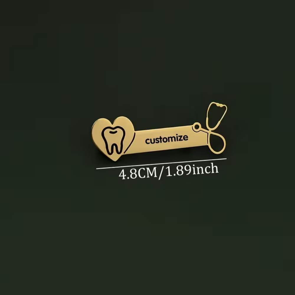 Personalized Dentist Name Badge with Tooth Heart Design – Custom Gold Name Pin by Bazinco