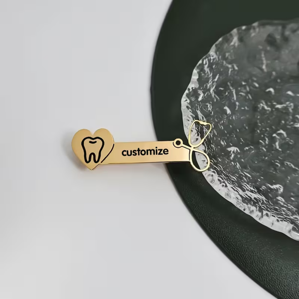 Personalized Dentist Name Badge with Tooth Heart Design – Custom Gold Name Pin by Bazinco