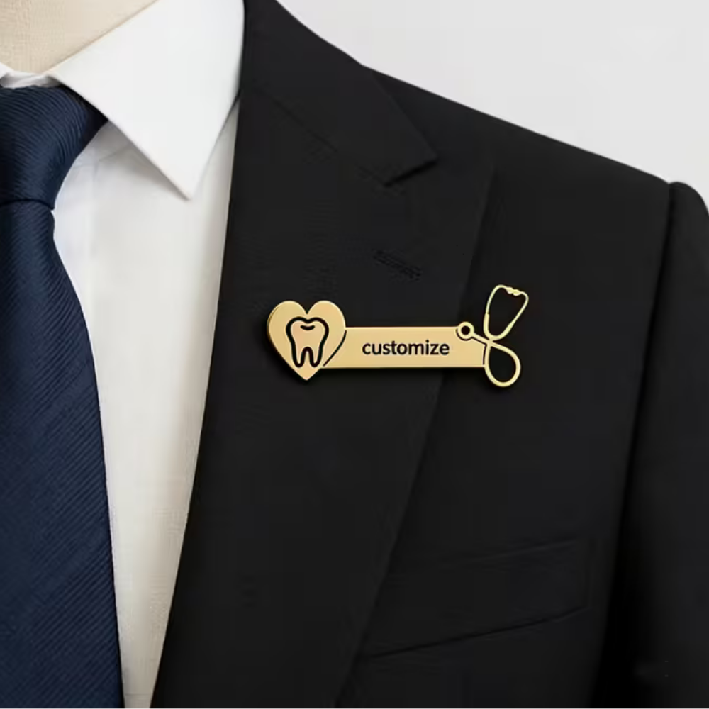 Personalized Dentist Name Badge with Tooth Heart Design – Custom Gold Name Pin by Bazinco